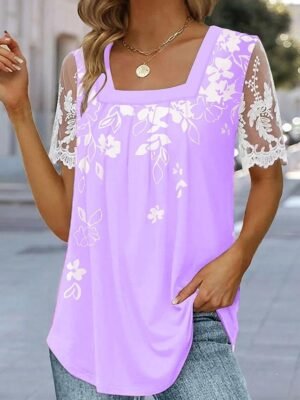Casual Regular Floral Square Neck Short Sleeve Top - Image 4