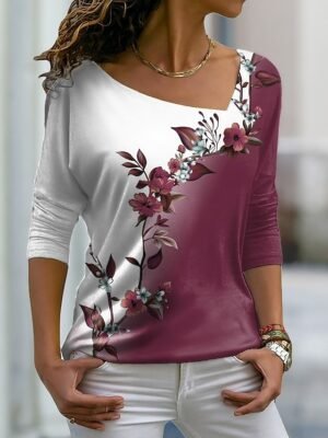 Casual Regular Floral V Neck Long Sleeve Plus Size T-Shirt - Image 1