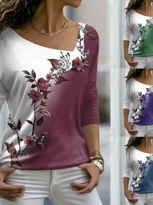 Casual Regular Floral V Neck Long Sleeve T Shirt - Image 1