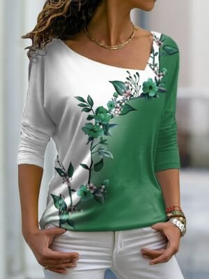 Casual Regular Floral V Neck Long Sleeve Plus Size T-Shirt - Image 2