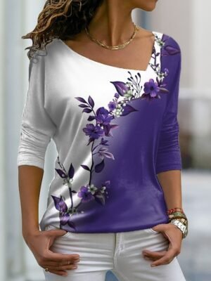 Casual Regular Floral V Neck Long Sleeve Plus Size T-Shirt - Image 4