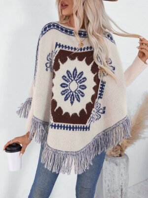 Casual Regular Geometric Boat Neck Long Sleeve Knitted Cape - Image 1