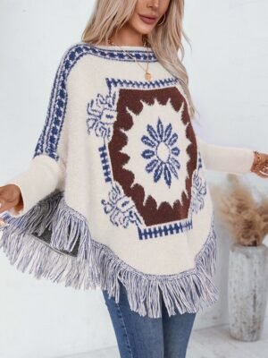 Casual Regular Geometric Boat Neck Long Sleeve Knitted Cape - Image 3