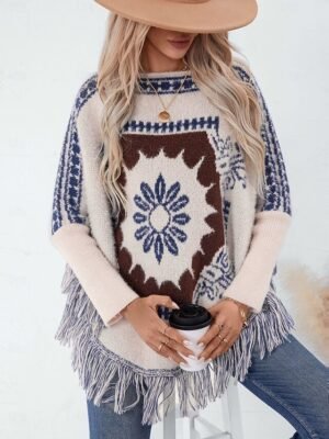 Casual Regular Geometric Boat Neck Long Sleeve Knitted Cape - Image 4