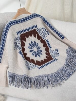 Casual Regular Geometric Boat Neck Long Sleeve Knitted Cape - Image 5