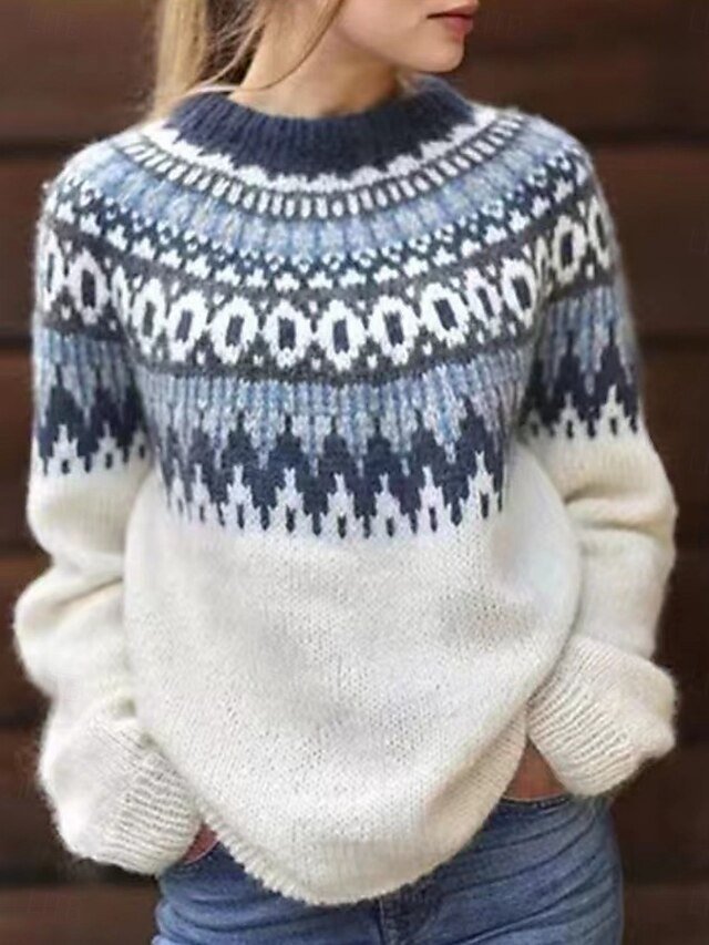 Casual Regular Geometric Crew Neck Long Sleeve Knit Top - Image 1