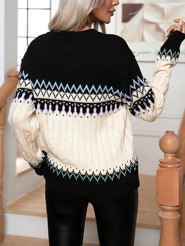 Casual Regular Geometric Crew Neck Long Sleeve Knitted Jumper - Image 2