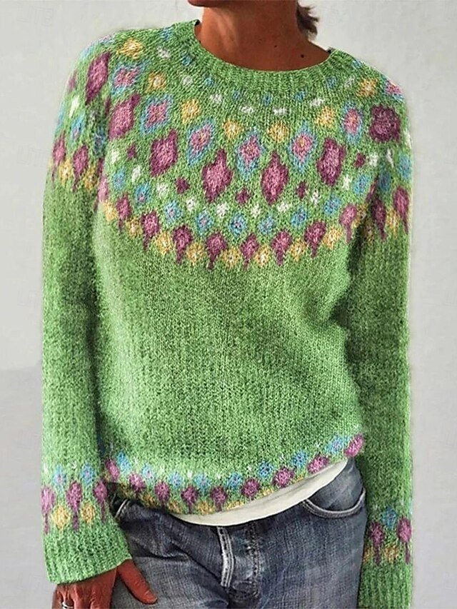 Casual Regular Geometric Crew Neck Long Sleeve Knit Top - Image 2