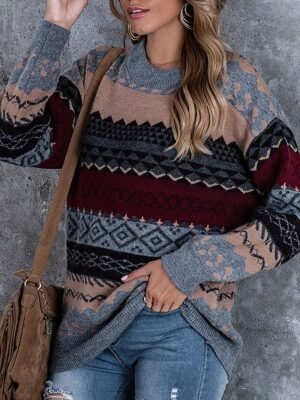 Casual Regular Geometric Crew Neck Long Sleeve Sweater - Image 8