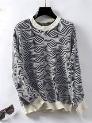 Casual Regular Geometric Crew Neck Long Sleeve Knit Top - Image 9