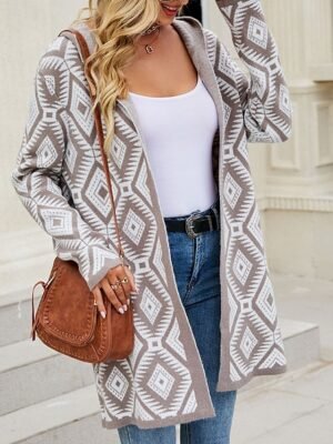 Casual Regular Geometric Paisley Crew Neck Hooded Long Sleeve Knit Sweater - Image 1
