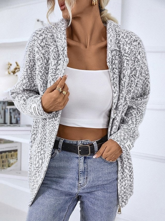 Casual Regular Geometric Paisley Crew Neck Long Sleeve Hooded Zip Knit Sweater - Image 1
