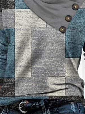 Casual Regular Geometric Pile Neck V Neck Long Sleeve Tops - Image 3