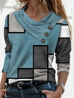 Casual Regular Geometric Pile Neck V Neck Long Sleeve Tops - Image 5