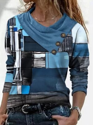 Casual Regular Geometric Pile Neck V Neck Long Sleeve Tops - Image 6