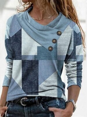 Casual Regular Geometric Pile Neck V Neck Long Sleeve Tops - Image 8