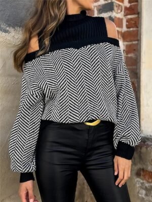 Casual Regular Geometric Ribbed Turtleneck Cold Shoulder Long Sleeve Jumper - Image 4