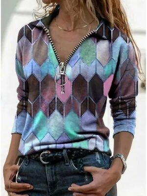Casual Regular Geometric Shirt Collar Long Sleeve Tee - Image 1