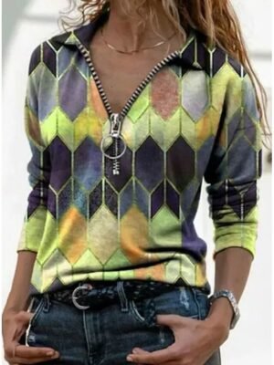 Casual Regular Geometric Shirt Collar Long Sleeve Tee - Image 2