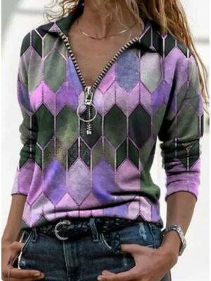 Casual Regular Geometric Shirt Collar Long Sleeve Tee - Image 3