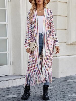 Casual Regular Geometric V Neck Long Sleeve Tassel Cardigan - Image 1