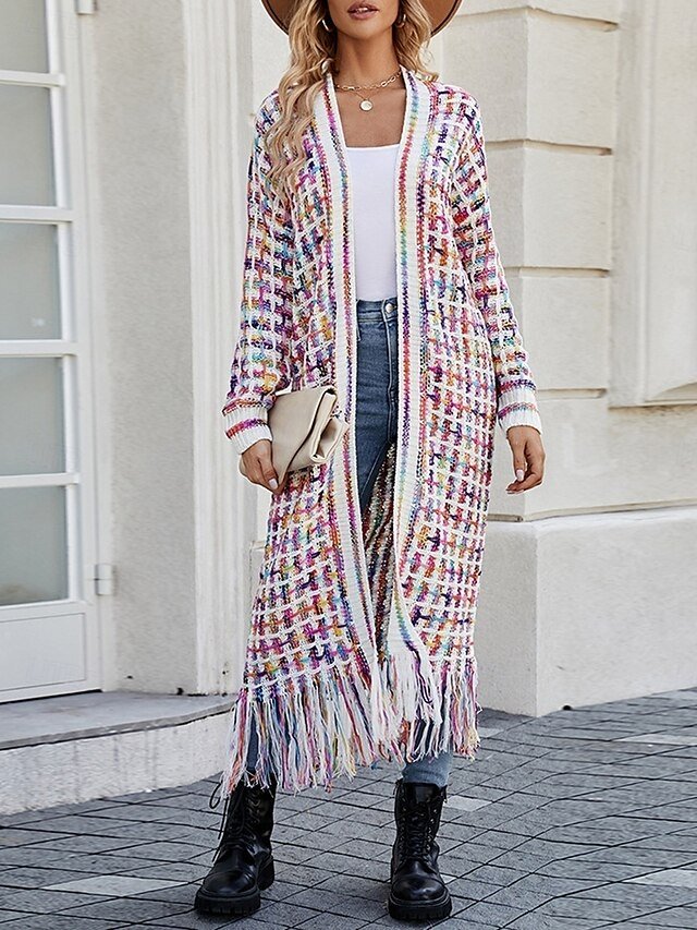 Casual Regular Geometric V Neck Long Sleeve Tassel Cardigan - Image 1