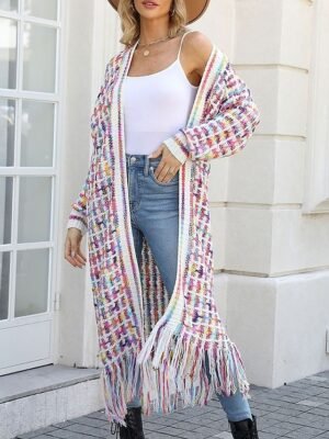 Casual Regular Geometric V Neck Long Sleeve Tassel Cardigan - Image 3