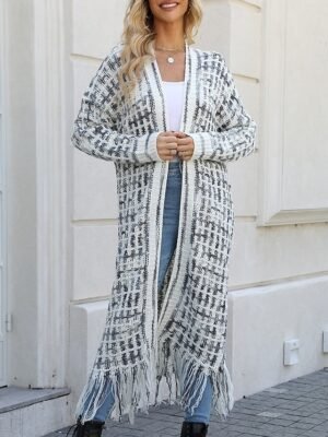 Casual Regular Geometric V Neck Long Sleeve Tassel Cardigan - Image 5