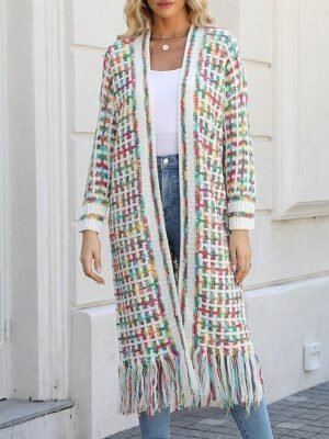 Casual Regular Geometric V Neck Long Sleeve Tassel Cardigan - Image 6