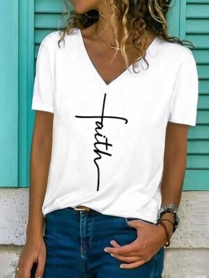 Casual Regular Graphic Letter Print V Neck Short Sleeve Tee - Image 1