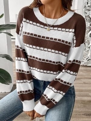 Casual Regular Graphic Striped Crew Neck Long Sleeve Knit Top - Image 1