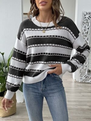 Casual Regular Graphic Striped Crew Neck Long Sleeve Knit Top - Image 4