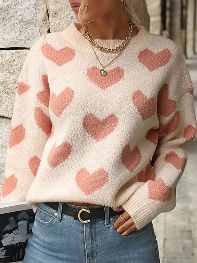 Casual Regular Heart Crew Neck Long Sleeve Knitted Top - Image 1