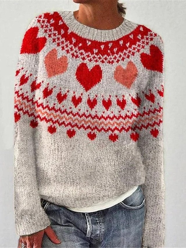 Casual Regular Heart Crew Neck Long Sleeve Knitted Jumper - Image 1
