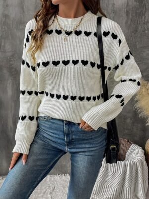 Casual Regular Heart Crew Neck Long Sleeve Knitted Top - Image 3