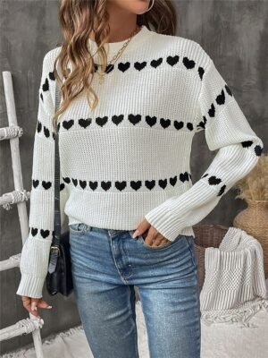 Casual Regular Heart Crew Neck Long Sleeve Knitted Top - Image 5