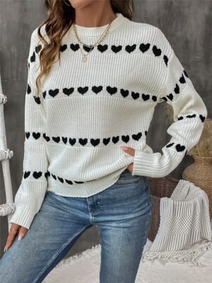 Casual Regular Heart Crew Neck Long Sleeve Knitted Top - Image 6