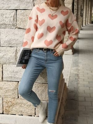 Casual Regular Heart Crew Neck Long Sleeve Knitted Top - Image 6