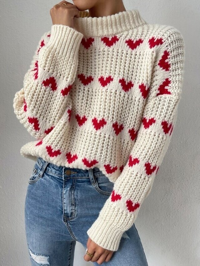 Casual Regular Heart Ribbed Turtleneck Long Sleeve Knit Jumper - Image 1