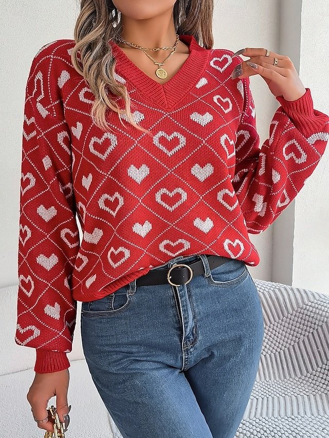 Casual Regular Heart V Neck Long Sleeve Regular Knit Top - Image 1