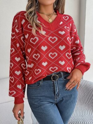 Casual Regular Heart V Neck Long Sleeve Regular Knit Top - Image 12