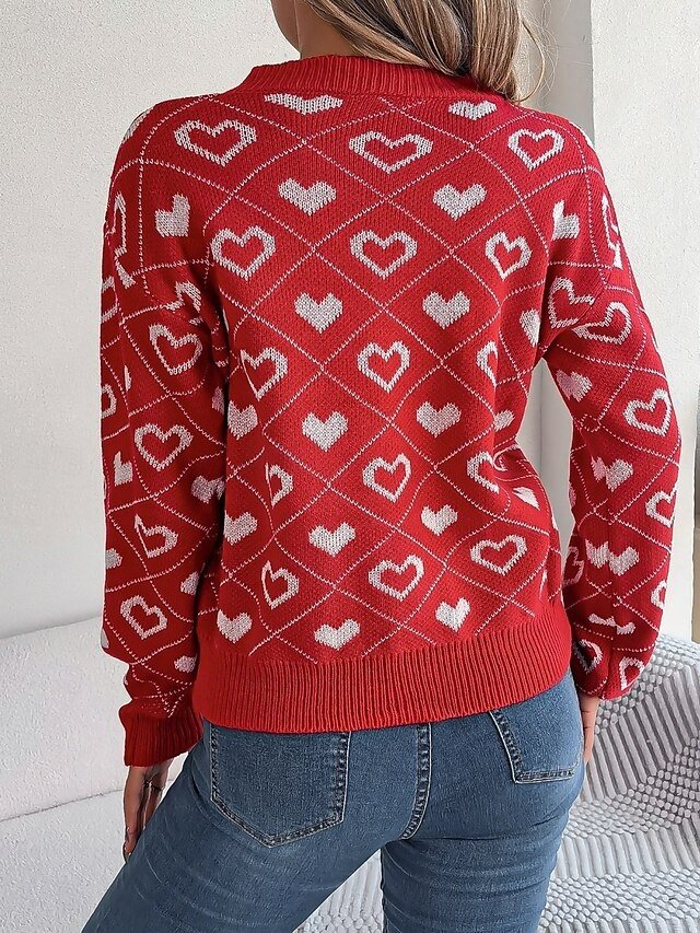 Casual Regular Heart V Neck Long Sleeve Regular Knit Top - Image 2
