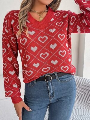 Casual Regular Heart V Neck Long Sleeve Regular Knit Top - Image 3
