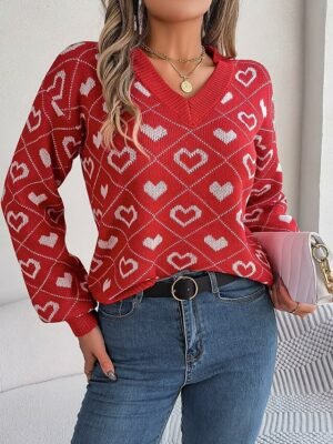 Casual Regular Heart V Neck Long Sleeve Regular Knit Top - Image 4