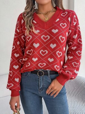 Casual Regular Heart V Neck Long Sleeve Regular Knit Top - Image 5
