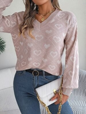 Casual Regular Heart V Neck Long Sleeve Regular Knit Top - Image 9