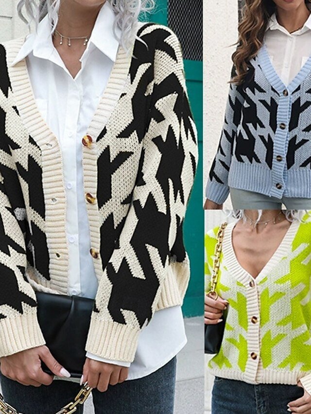 Casual Regular Houndstooth Turtleneck Long Sleeve Knit Cardigan - Image 1