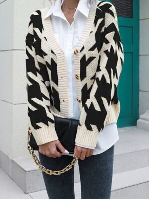 Casual Regular Houndstooth Turtleneck Long Sleeve Knit Cardigan - Image 5