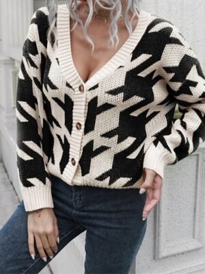 Casual Regular Houndstooth Turtleneck Long Sleeve Knit Cardigan - Image 6