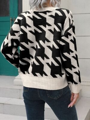 Casual Regular Houndstooth Turtleneck Long Sleeve Knit Cardigan - Image 7